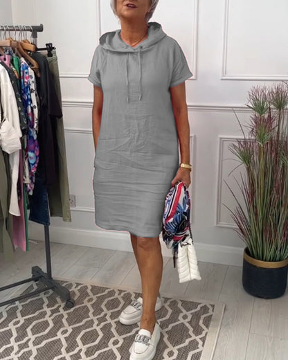 Comfortable Coral Hoodie Dress for Women with Drawstring Hood Short Sleeve Relaxed Shift Casual Style