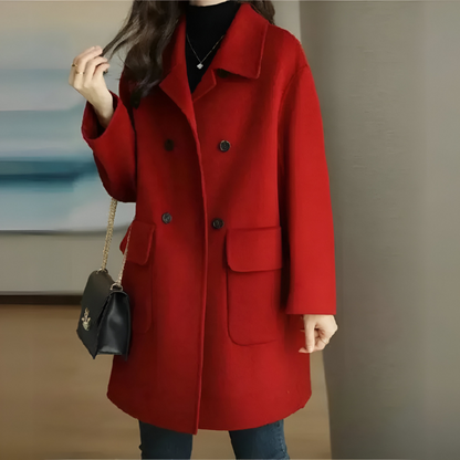Elegant Wool Coat for Women with Notch Lapel Long Sleeve Double Breasted Relaxed Style