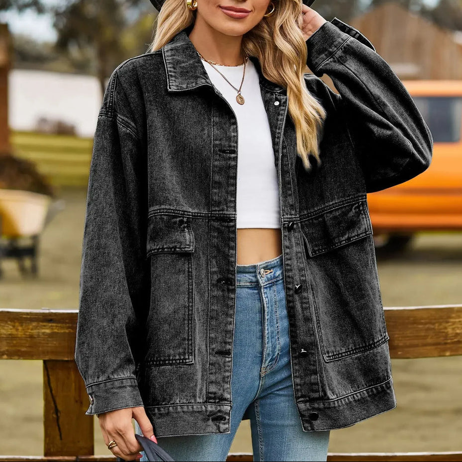 Effortless Denim Jacket for Women with Spread Collar Long Sleeve Button Front Washed Oversized Style