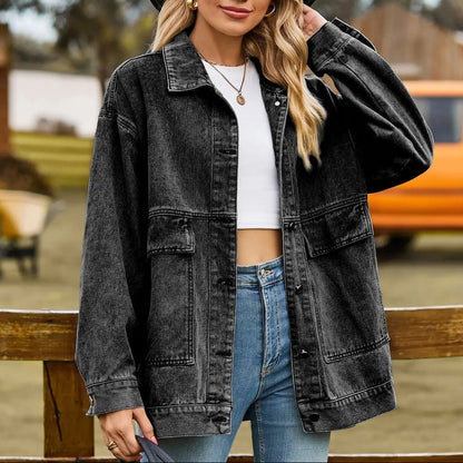 Effortless Denim Jacket for Women with Spread Collar Long Sleeve Button Front Washed Oversized Style