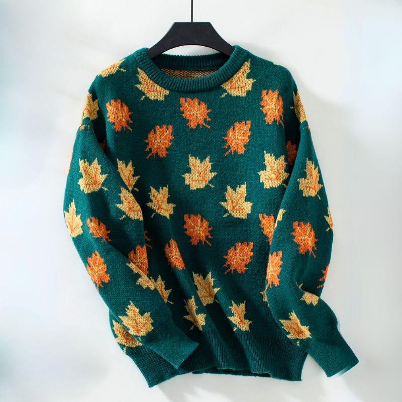 Comfortable Maple Leaf Print Sweater for Women with Crew Neck Long Sleeve Relaxed Oversized Knit Style