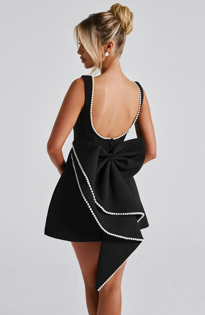 Elegant Pearl Trim Mini Dress for Women with Bateau Neck Sleeveless Bow Back Fit Flare Style