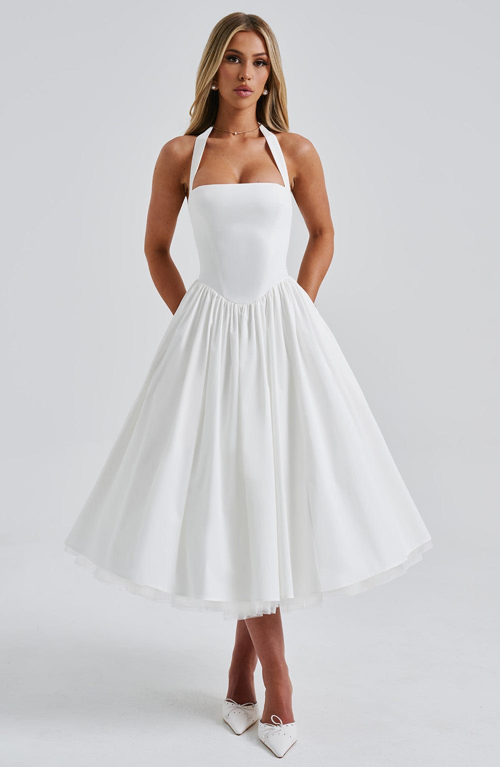 Gabrielle | Elegant White Formal Wedding Guest Dress in A Line Midi Style