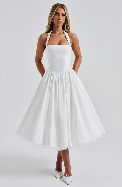 Gabrielle | Elegant White Formal Wedding Guest Dress in A Line Midi Style
