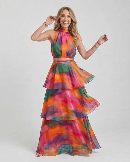 Elegant Blue Tie Dye Two Piece Set for Women with Halter Neck Tiered Ruffle Maxi Skirt Wedding Guest Style