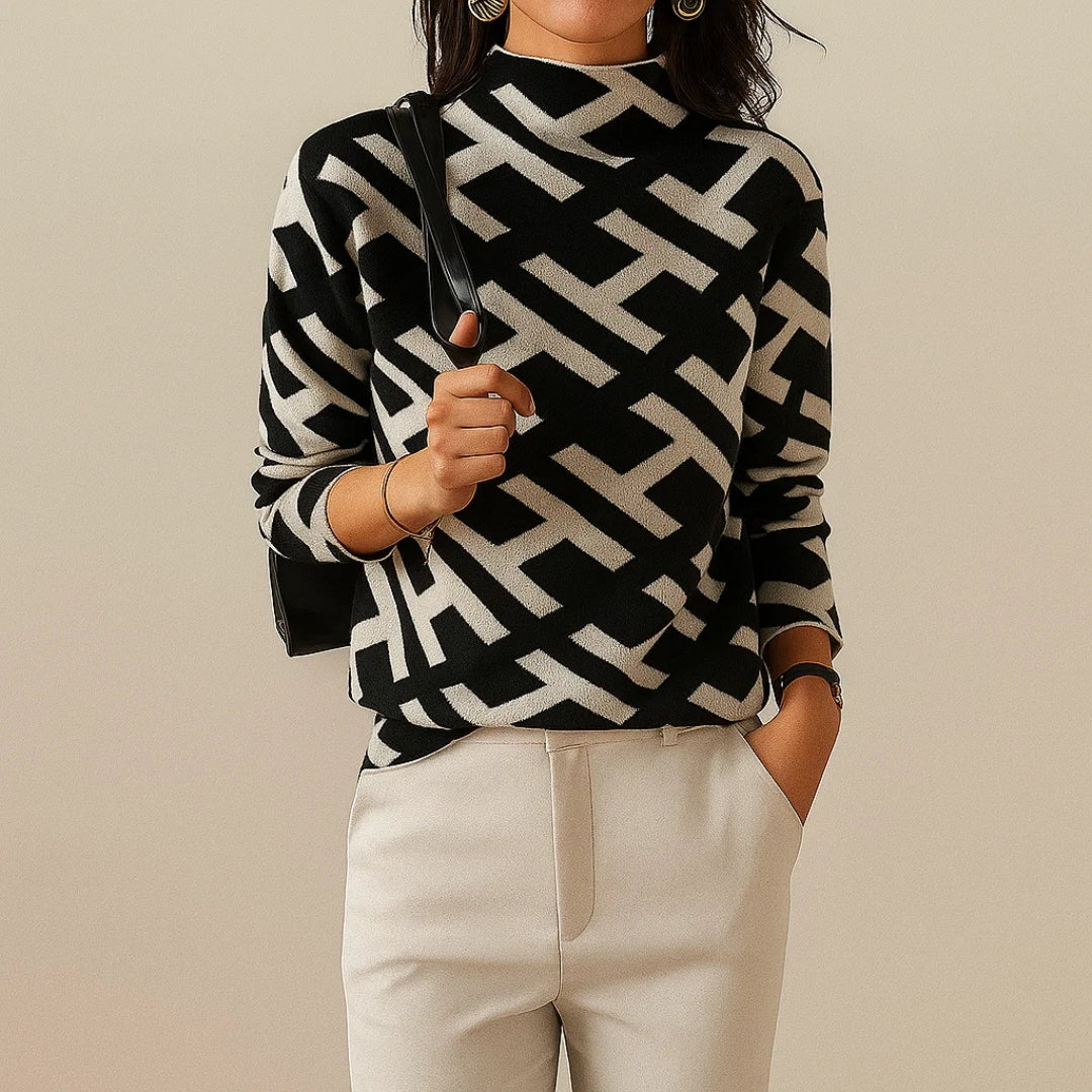 Elegant Mock Neck Sweater for Women with Long Sleeve Geometric Print Knit Relaxed Style
