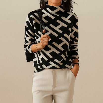 Elegant Mock Neck Sweater for Women with Long Sleeve Geometric Print Knit Relaxed Style