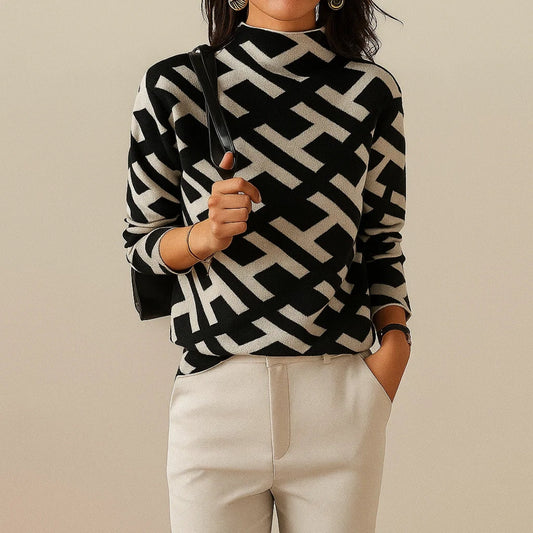 Elegant Mock Neck Sweater for Women with Long Sleeve Geometric Print Knit Relaxed Style