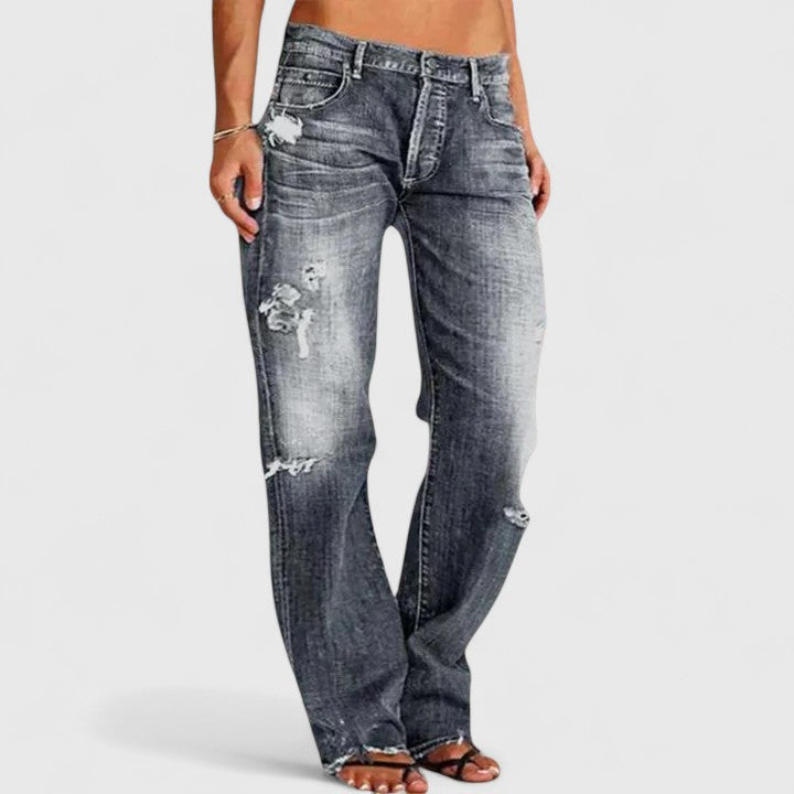 Effortless Blue Distressed Wide Leg Jeans for Women with High Waist Ripped Frayed Hem Casual Style