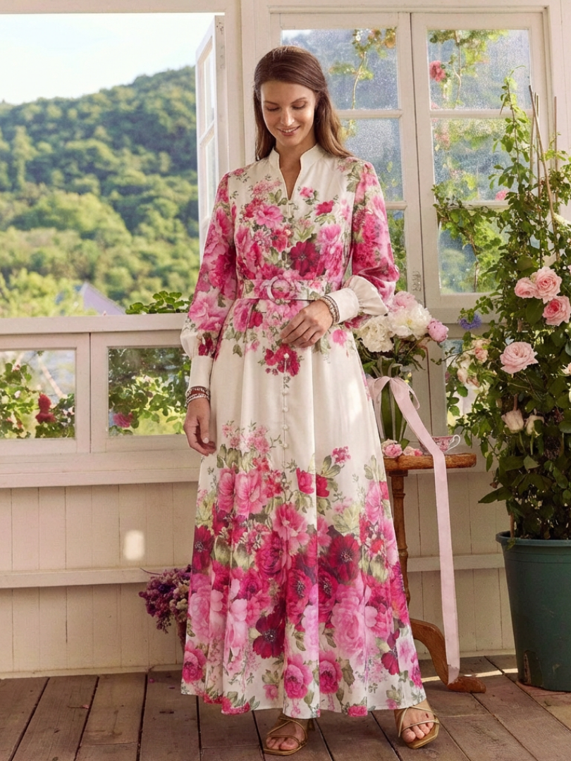 Elegant Pink Floral Autumn Wedding Guest Dress for Women with Mandarin Collar Long Sleeve Belted Maxi Style