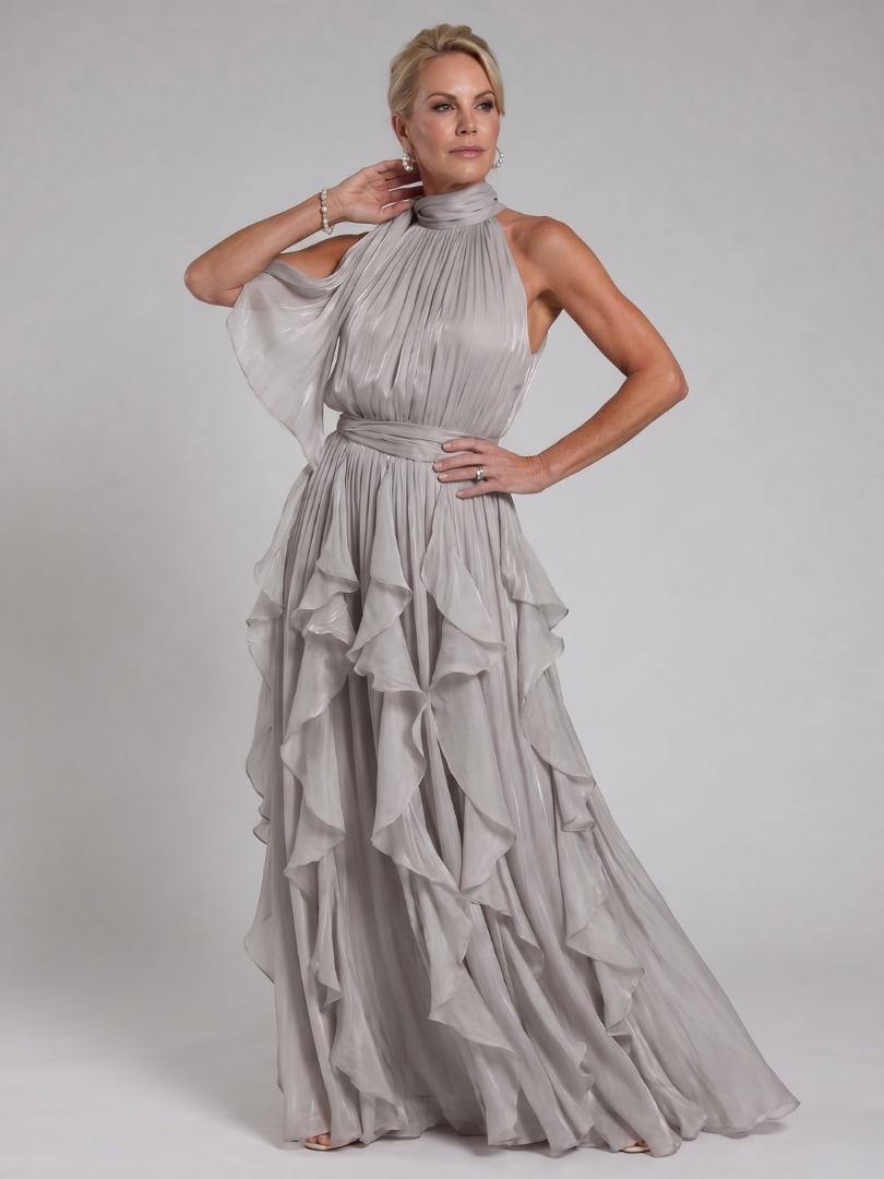 Elegant Maxi Dress for Women with Halter Neck Ruffle Tiered Skirt Satin Sleeveless Wedding Guest Style