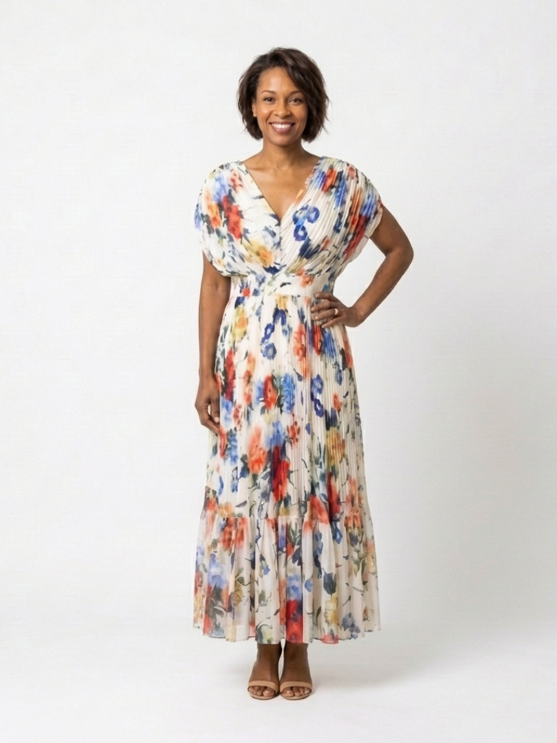 Elegant Ivory Floral Pleated Fall Wedding Guest Dress for Women with V Neck Dolman Sleeve Tiered Ruffle Flowing Style