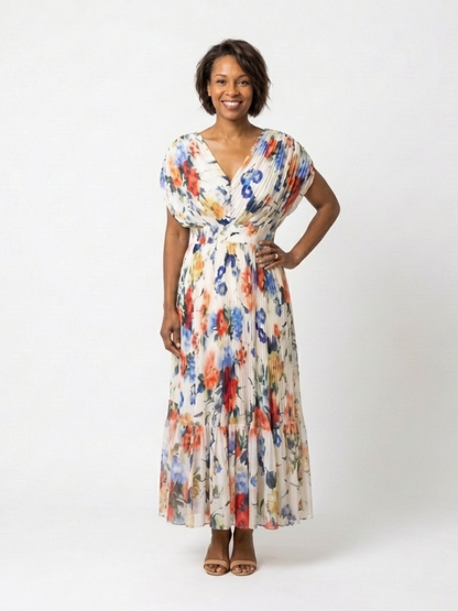 Elegant Ivory Floral Pleated Fall Wedding Guest Dress for Women with V Neck Dolman Sleeve Tiered Ruffle Flowing Style