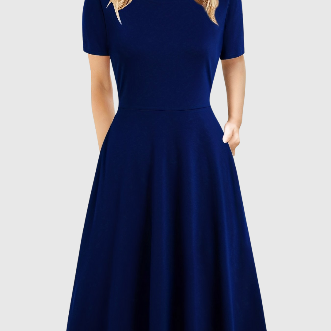 Elegant A Line Dress for Women with Round Neck Short Sleeve Fit and Flare Midi Casual Retro Style