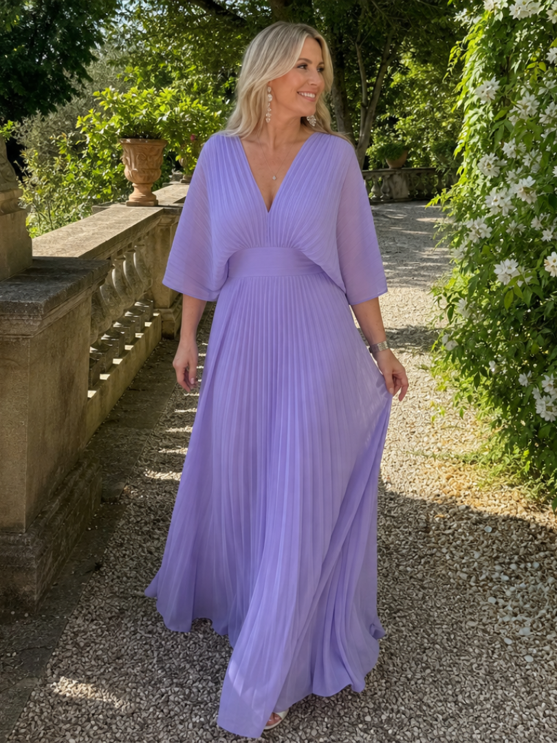 Elegant Purple Dress for Women with V Neck Flutter Sleeve Pleated Flowing Wedding Guest Style