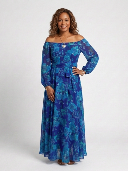 Elegant Blue Floral Fall Wedding Guest Dress for Women with Off Shoulder Long Sleeve Sash Tie Flowing Style