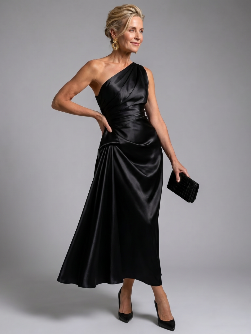 Elegant Satin Midi Dress for Women with One Shoulder Draped Ruched Waist Formal Wedding Guest Style