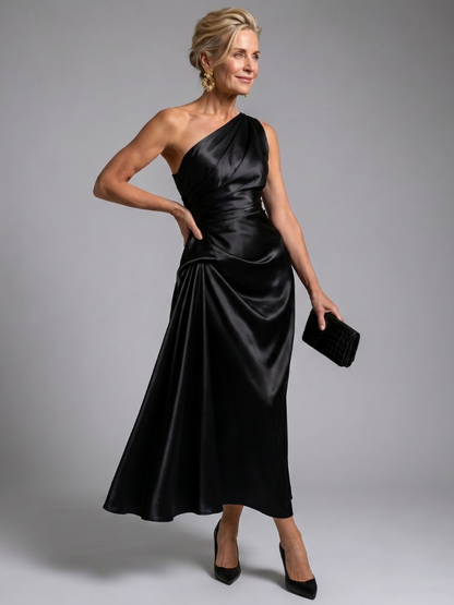 Elegant Satin Midi Dress for Women with One Shoulder Draped Ruched Waist Formal Wedding Guest Style