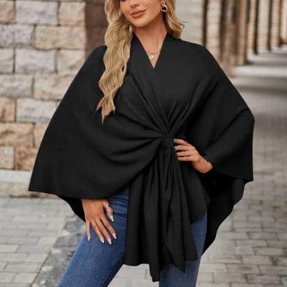 Elegant Knit Poncho for Women with V Neck Batwing Sleeve Tie Waist Wrap Style