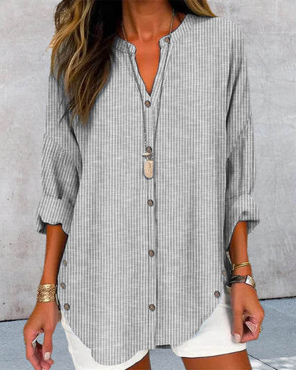 Effortless Striped Linen Shirt for Women with V Neck Long Sleeve Curved Hem Relaxed Style