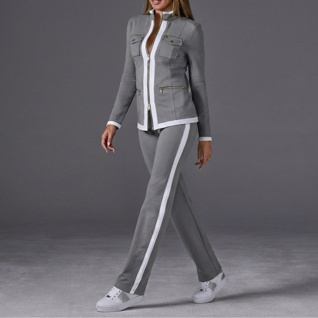 Stylish Two Piece Set for Women with Stand Collar Long Sleeve Zip Up Side Stripe Athleisure Style