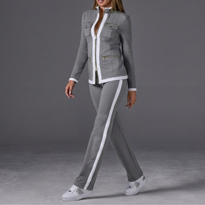 Stylish Two Piece Set for Women with Stand Collar Long Sleeve Zip Up Side Stripe Athleisure Style