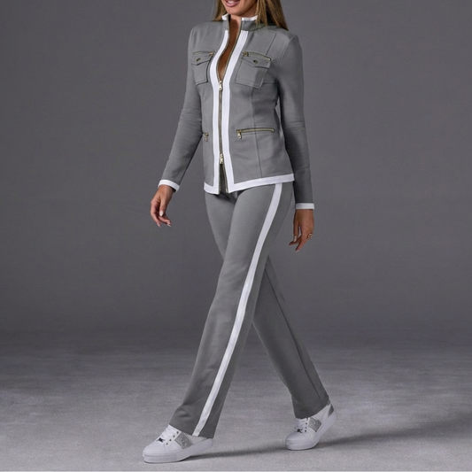 Stylish Two Piece Set for Women with Stand Collar Long Sleeve Zip Up Side Stripe Athleisure Style
