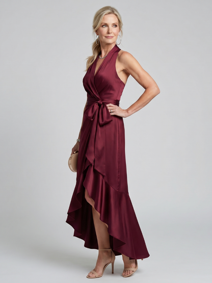 Elegant Champagne Satin Cocktail Dress for Women with Halter Neck Sleeveless Wrap High Low Style