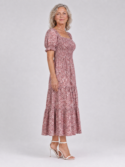 Effortless Floral Midi Dress for Women with Square Neck Puff Sleeve Smocked Bodice A Line Casual Style