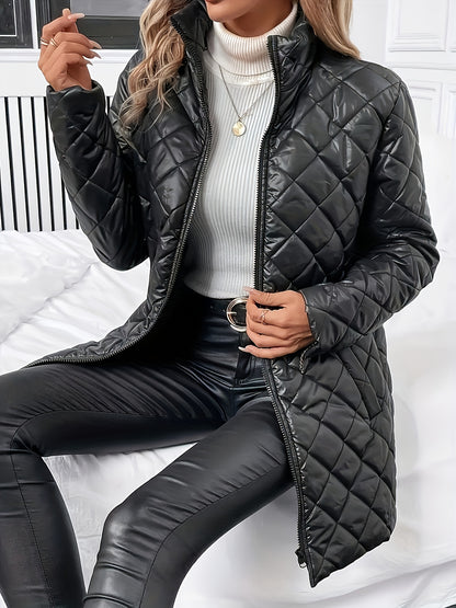 Elegant Coffee Brown Quilted Coat for Women with Stand Collar Long Sleeve Zip Front Longline Style
