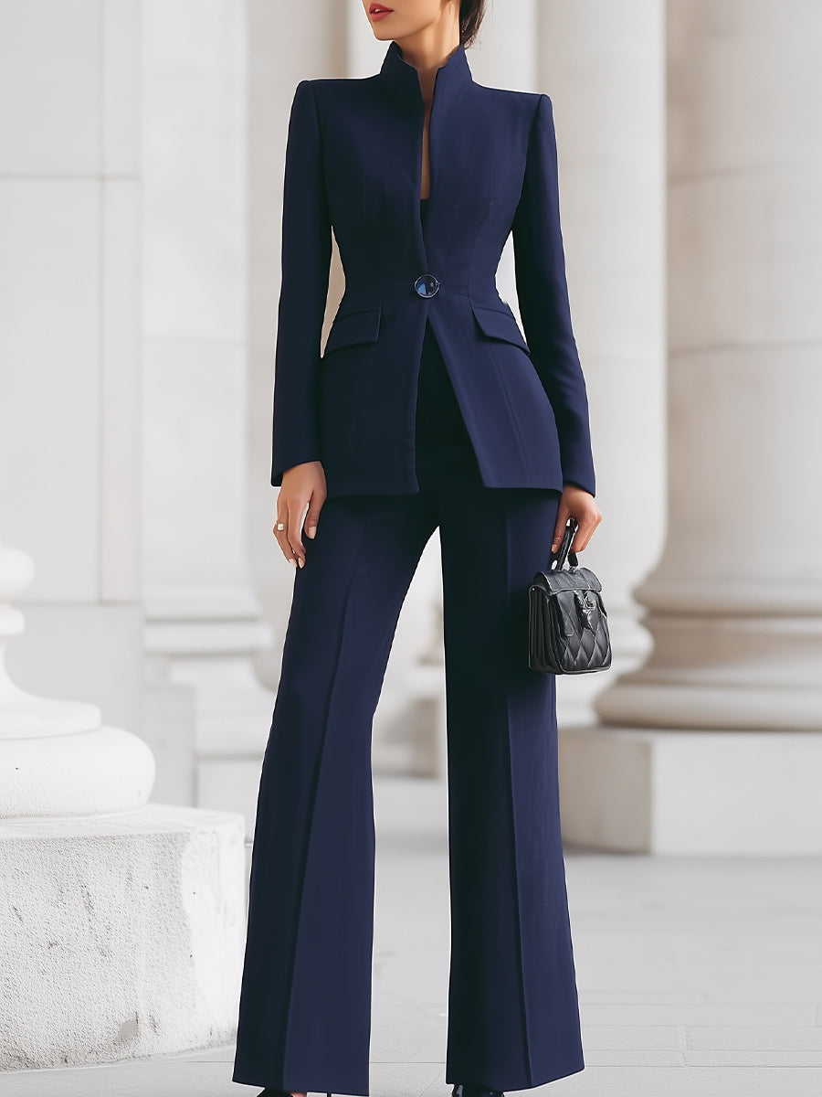 Elegant Tailored Women's Suit for Women with Stand Collar Long Sleeve Wide Leg Two Piece Style