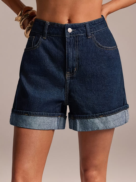 Effortless Medium Blue Jean Shorts for Women with High Waist Cuffed Pocket Relaxed Style