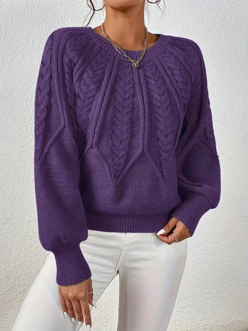 Comfortable Cable Knit Sweater for Women with Round Neck Balloon Sleeve Cropped Oversized Style