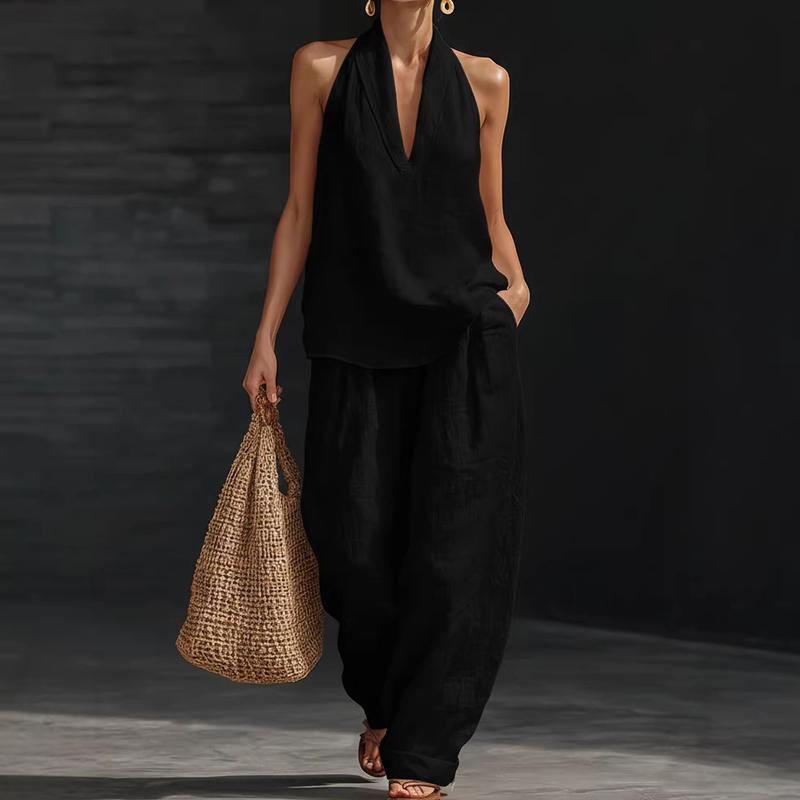 Effortless Linen Tank Top Wide Leg Pant Two Piece Set for Women with Halter Neck Relaxed Casual Style