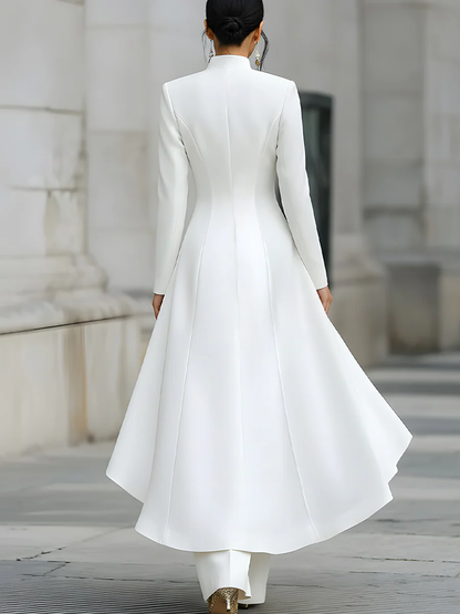 Elegant White Pant Suit for Women with Stand Collar Long Sleeve Button Front Wide Leg Two Piece Style