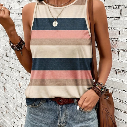 Effortless Striped Colorblock Tank Top for Women with Crew Neck Sleeveless Relaxed Casual Style