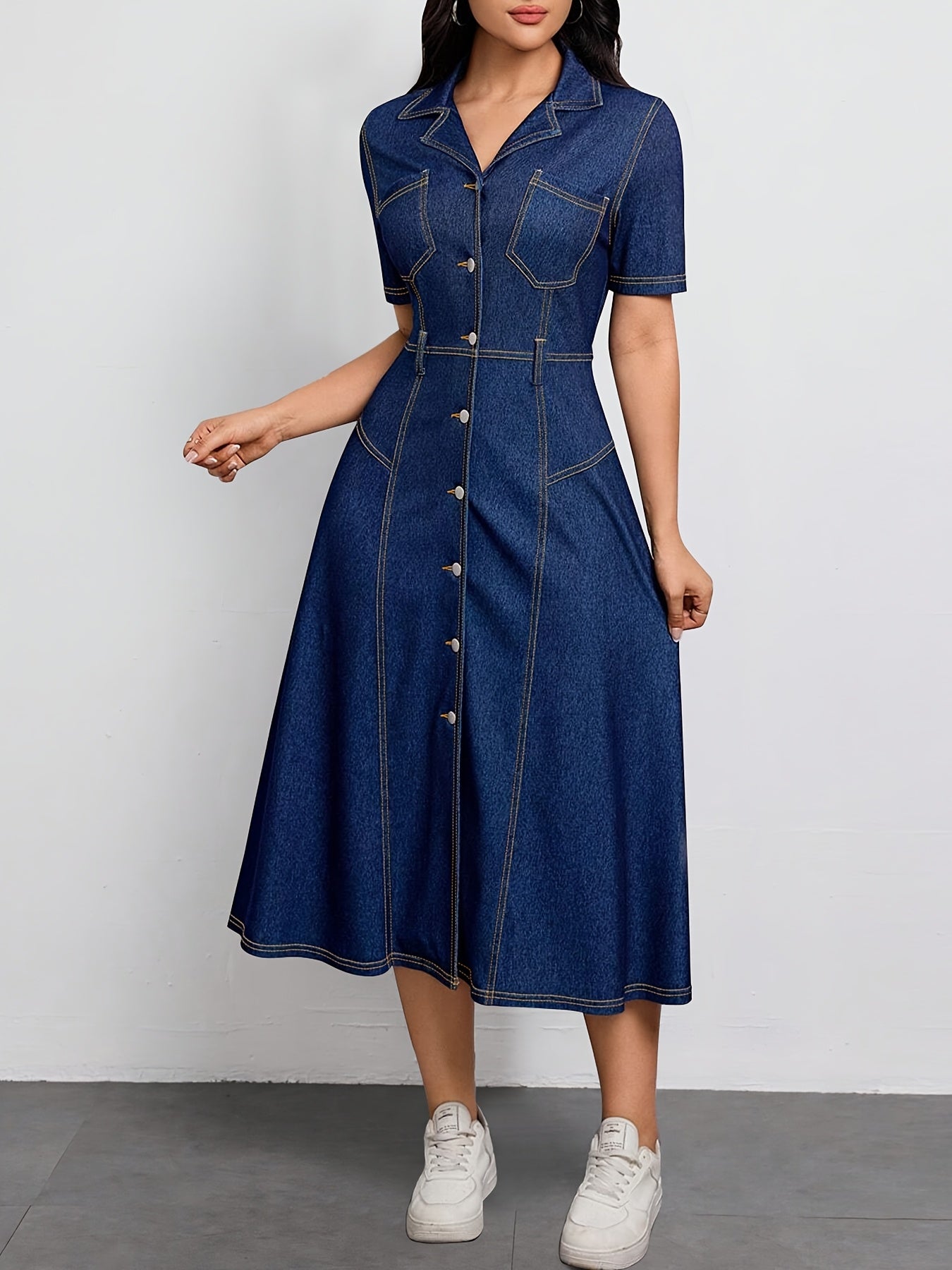 Effortless Blue Denim Dress for Women with Collar Belted Button Front Midi