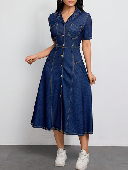 Effortless Blue Denim Dress for Women with Collar Belted Button Front Midi
