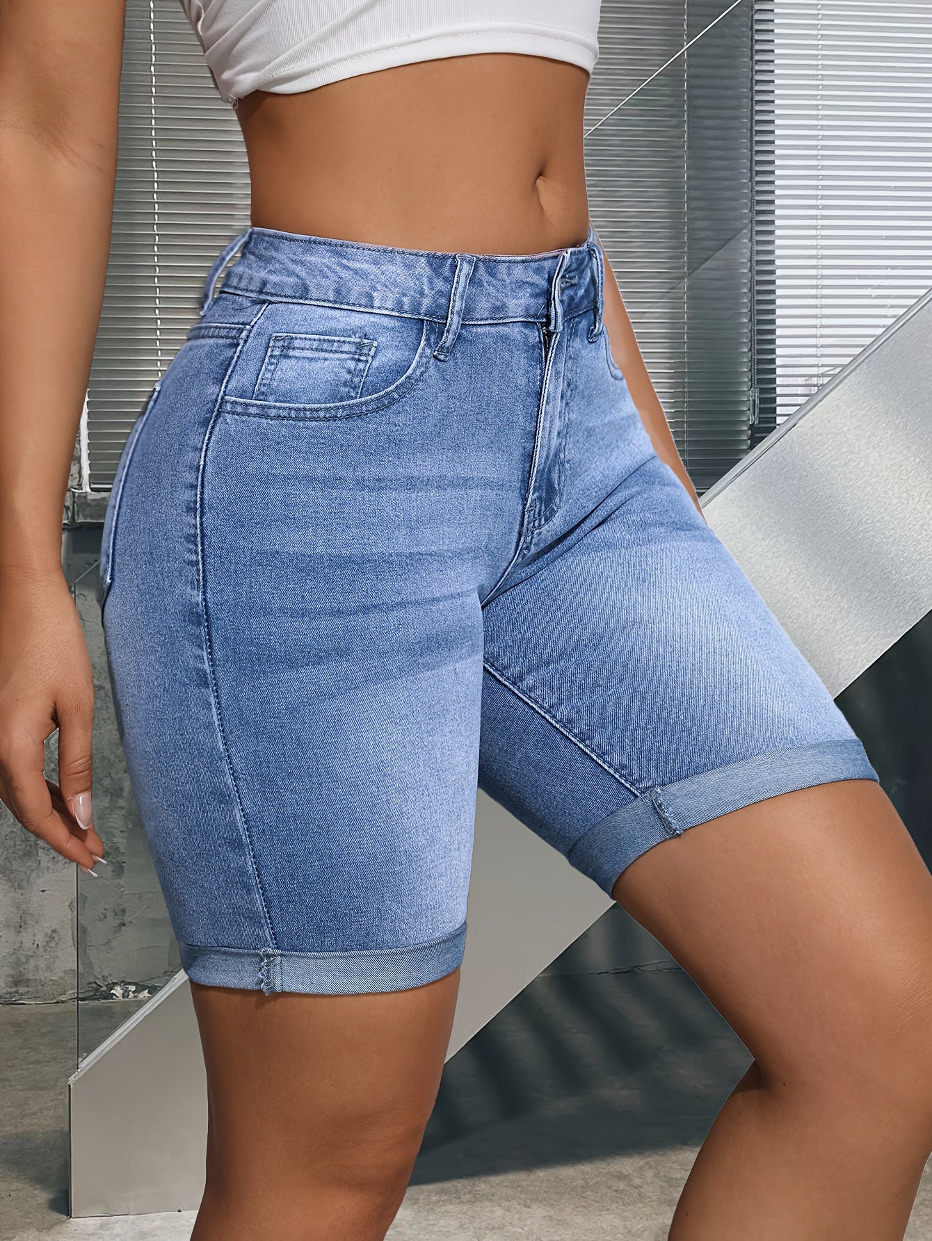 Stylish Blue Denim Shorts for Women with High Waist Stretch Bermuda Button Detail Slim Fit Style