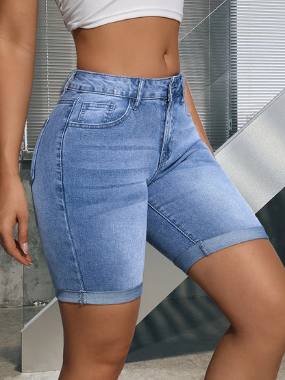 Stylish Blue Denim Shorts for Women with High Waist Stretch Bermuda Button Detail Slim Fit Style