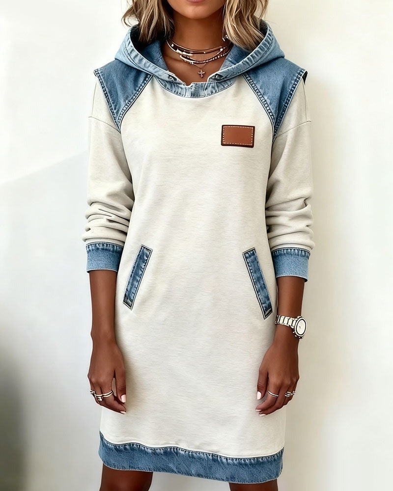 Effortless Colorblock Denim Dress for Women with Hooded Long Sleeve Raglan Pocket Casual Style