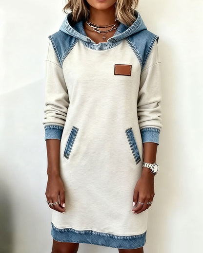Effortless Colorblock Denim Dress for Women with Hooded Long Sleeve Raglan Pocket Casual Style