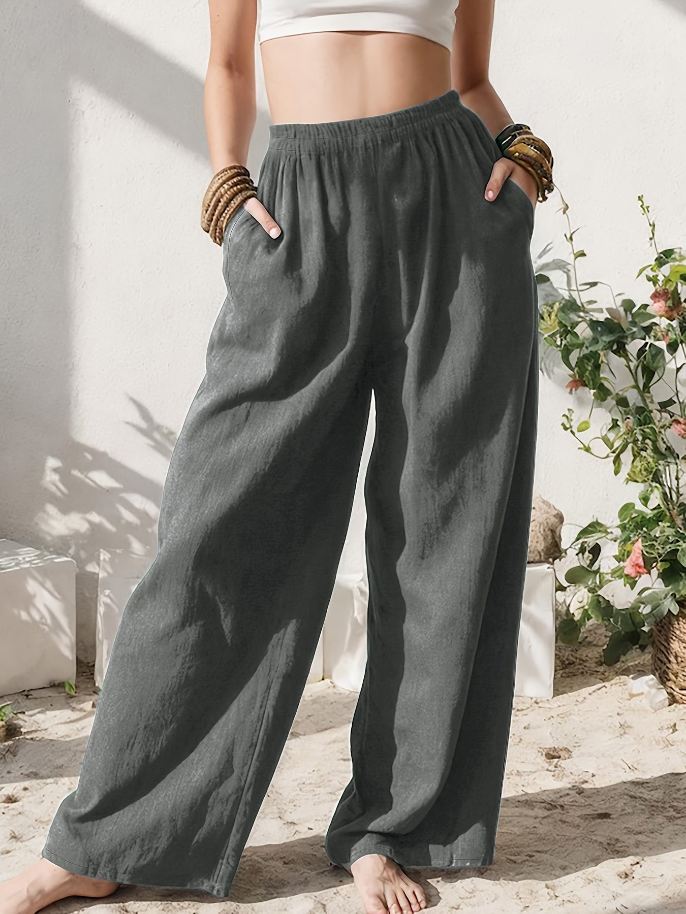 Effortless Linen Wide Leg Pants for Women with High Waist Pocket Flowing Relaxed Casual Style