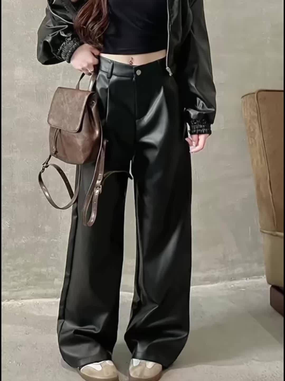 Sleek Black Leather Slacks for Women with High Waist Wide Leg Pleated Relaxed Style