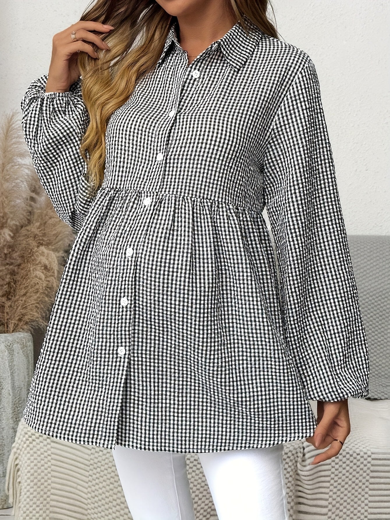 Effortless Gingham Maternity Blouse for Women with Collar Long Sleeve Button Front Babydoll Style