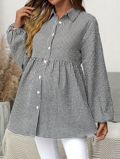 Effortless Gingham Maternity Blouse for Women with Collar Long Sleeve Button Front Babydoll Style