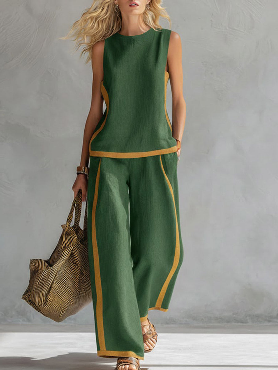 Effortless Linen Two Piece Set for Women with Contrast Piping Wide Leg Pants