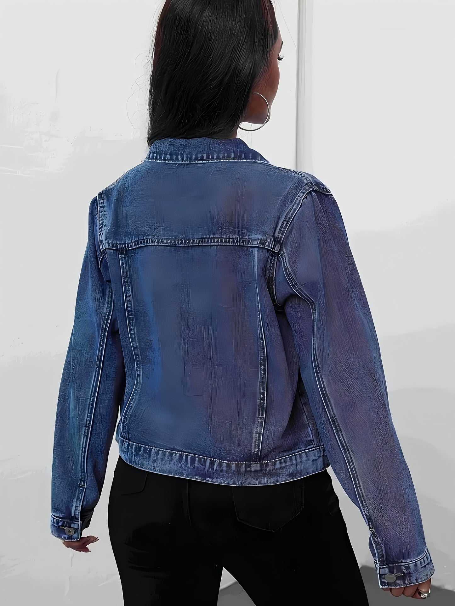 Effortless Medium Blue Jean Jacket for Women with Collar Long Sleeve Button Front Cropped Casual Style