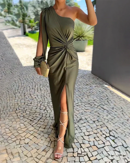 Elegant Green Satin Mother Of The Groom Dress for Women with One Shoulder Long Sleeve Draped High Slit Formal Wedding Guest Style