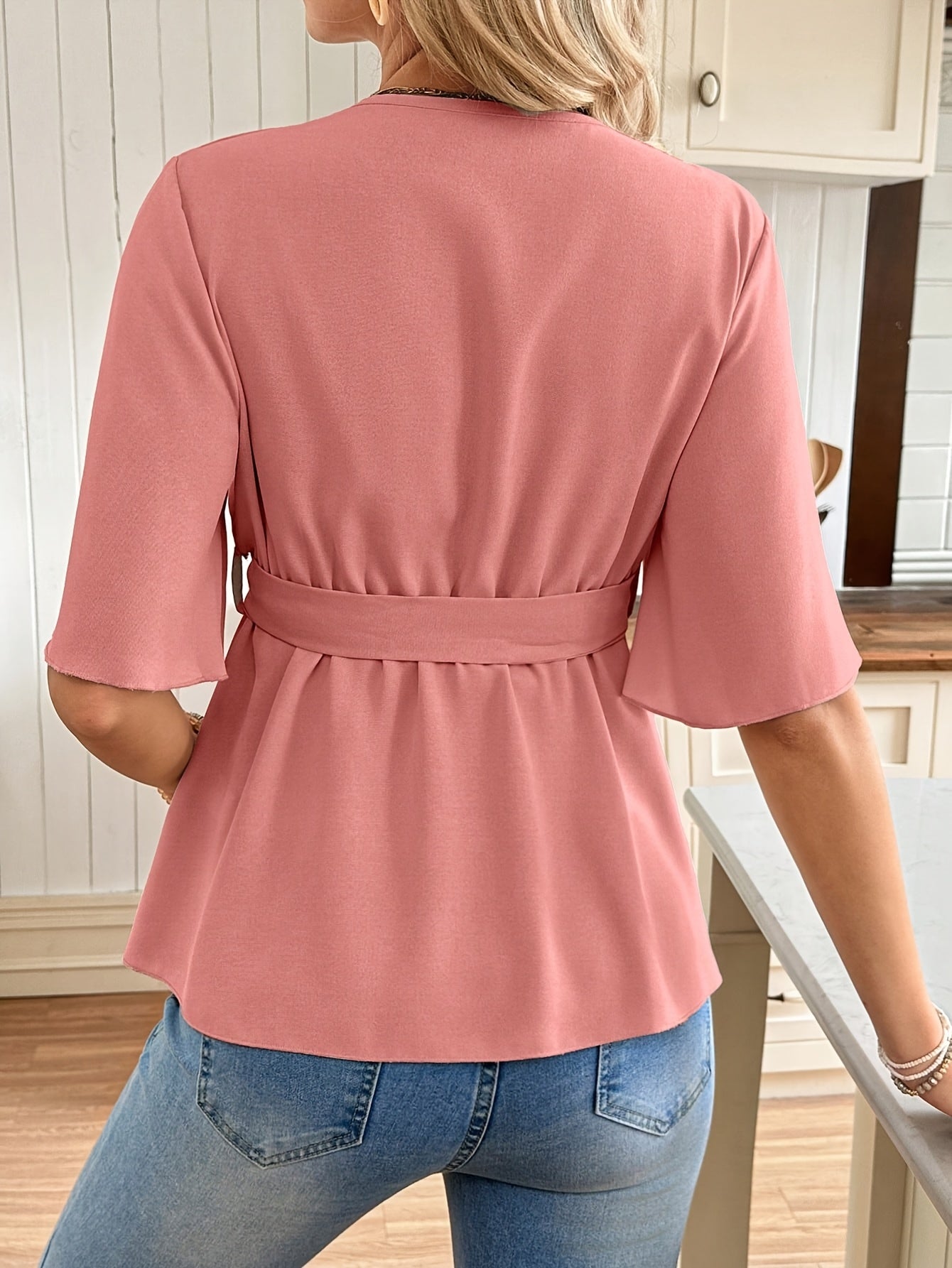 Effortless Maternity Wrap Blouse for Women with V Neck Flutter Sleeve Tie Waist Peplum Style